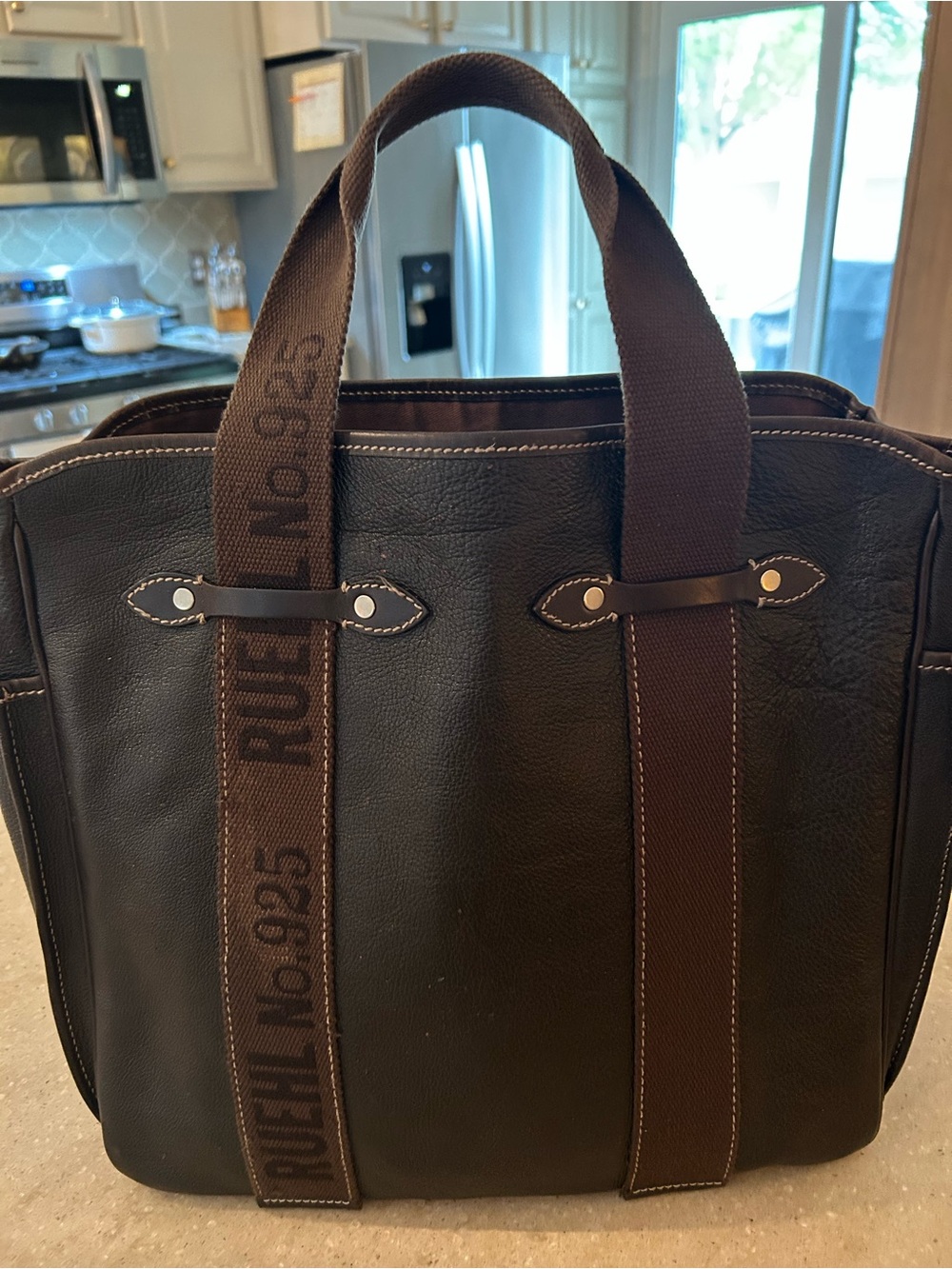RUEHL No.925 Brown Leather Tote Bag with Webbed Handles.
